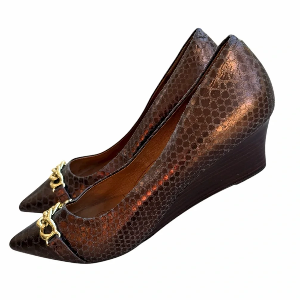 Soft Abbot Brown Leather Wedge with Snakeskin Print & Gold Chain Detail Size 11M